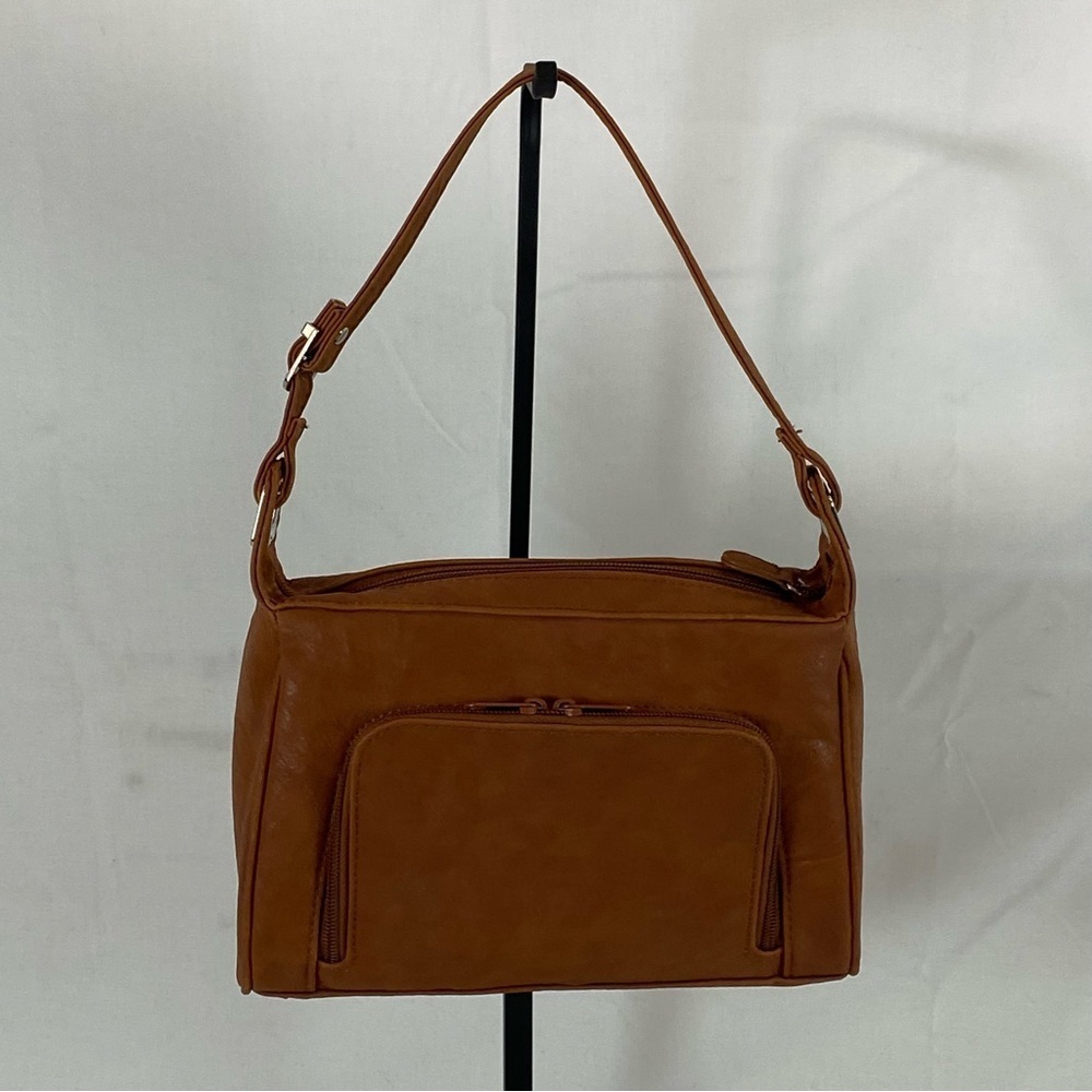 Cognac Faux Leather Organizer Shoulder Bag | Multi-Zip Everyday Purse